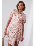 Floral print wrap dress with collar, light orange FG638 - Online store - Boutique